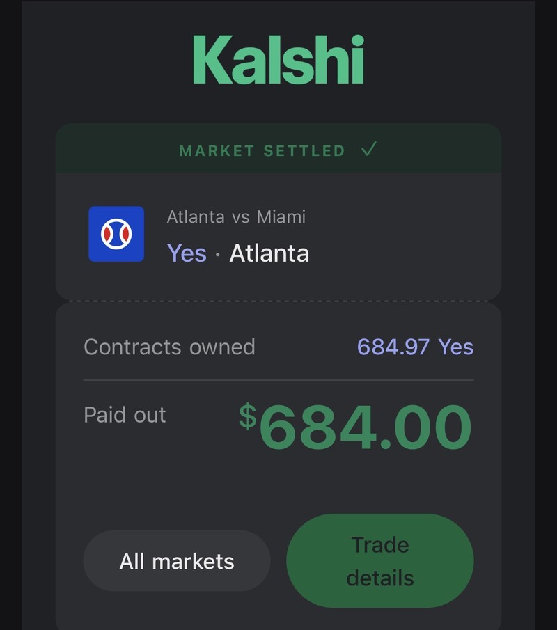 Screenshot of a Kalshi screen reading Market settled. Atlanta vs Miami. Yes, Atlanta. Contracts owned 684.97 Yes. Paid out $684.00.