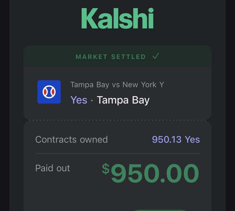 Screenshot of a Kalshi screen reading Market settled. Tampa Bay vs New York Y. Yes, Tampa Bay. Contracts owned 950.13 Yes. Paid out $950.00.