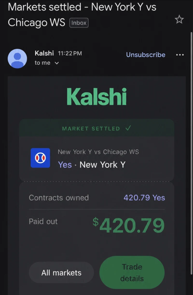 Screenshot of a Kalshi settlement email for New York Y vs Chicago WS, showing Yes, New York Y, 420.79 contracts owned, and $420.79 paid out.