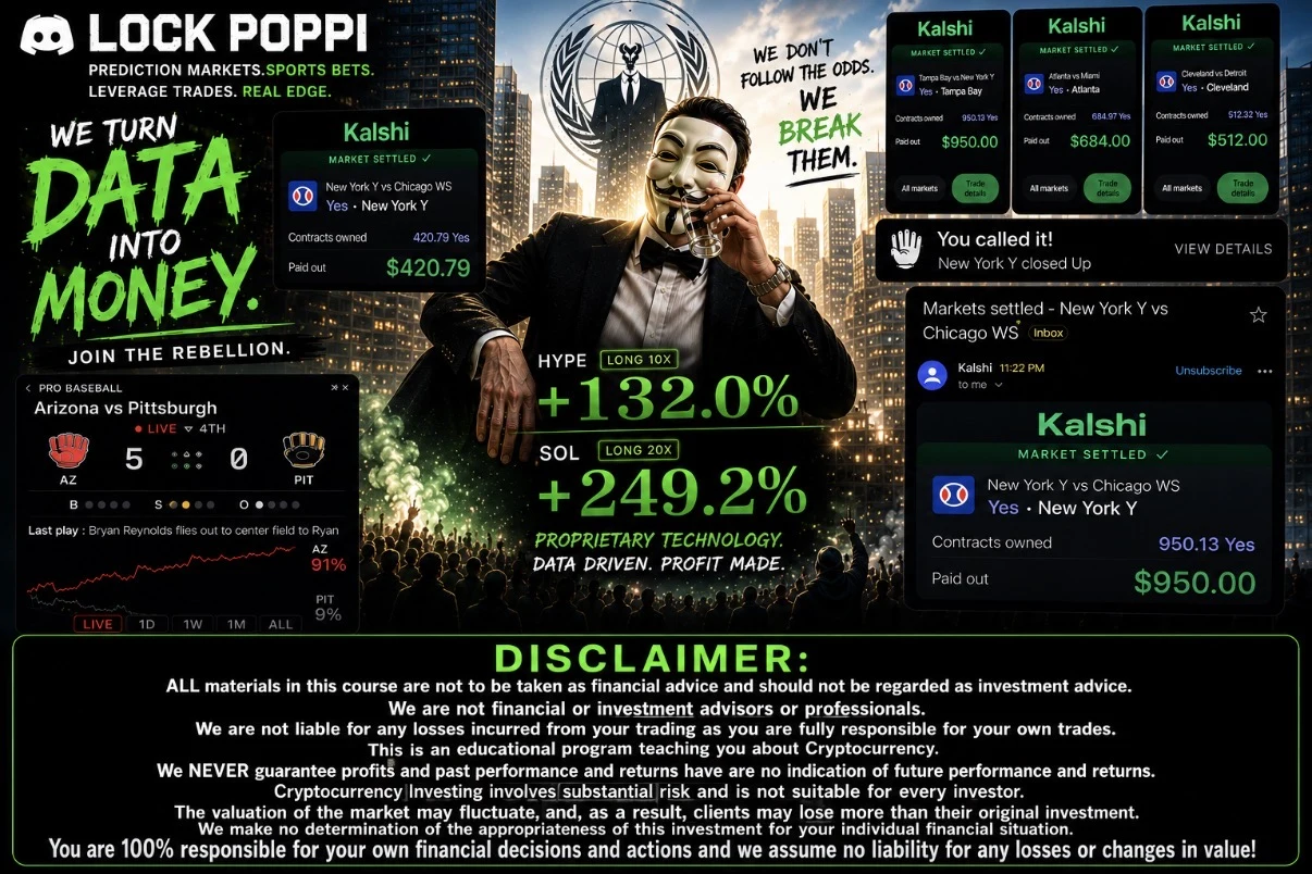 Dark Lock Poppi campaign collage with a masked figure, baseball graphics, Kalshi settlement screens, and supplied percentage-return wording.